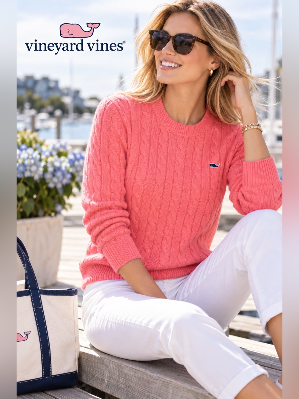 NWT Vineyard Vines Coral Pink Cable Crewneck Sweater. - Picture 7 of 10